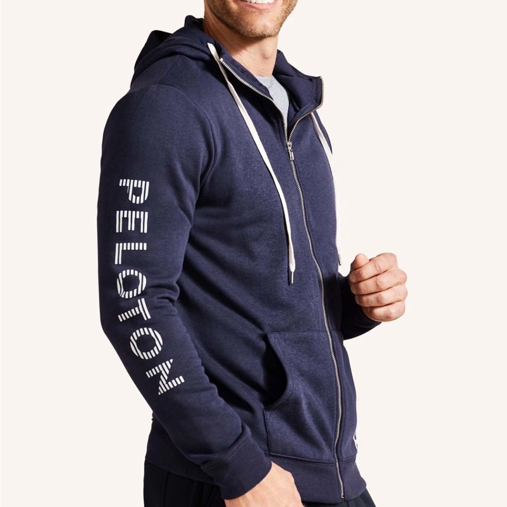 Peloton  Hoodie Full Zip Large Navy Blue Sweatshirt Logo Blue Spellout Sleeve
